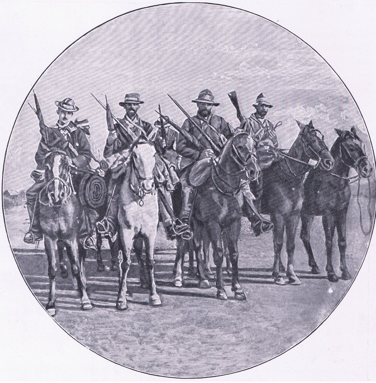 Boere bevæbnet med rifler og paraplyer, fra After Pretoria: The Guerilla War udgivet af Harmsworth Bros Limited af Unknown photographer
