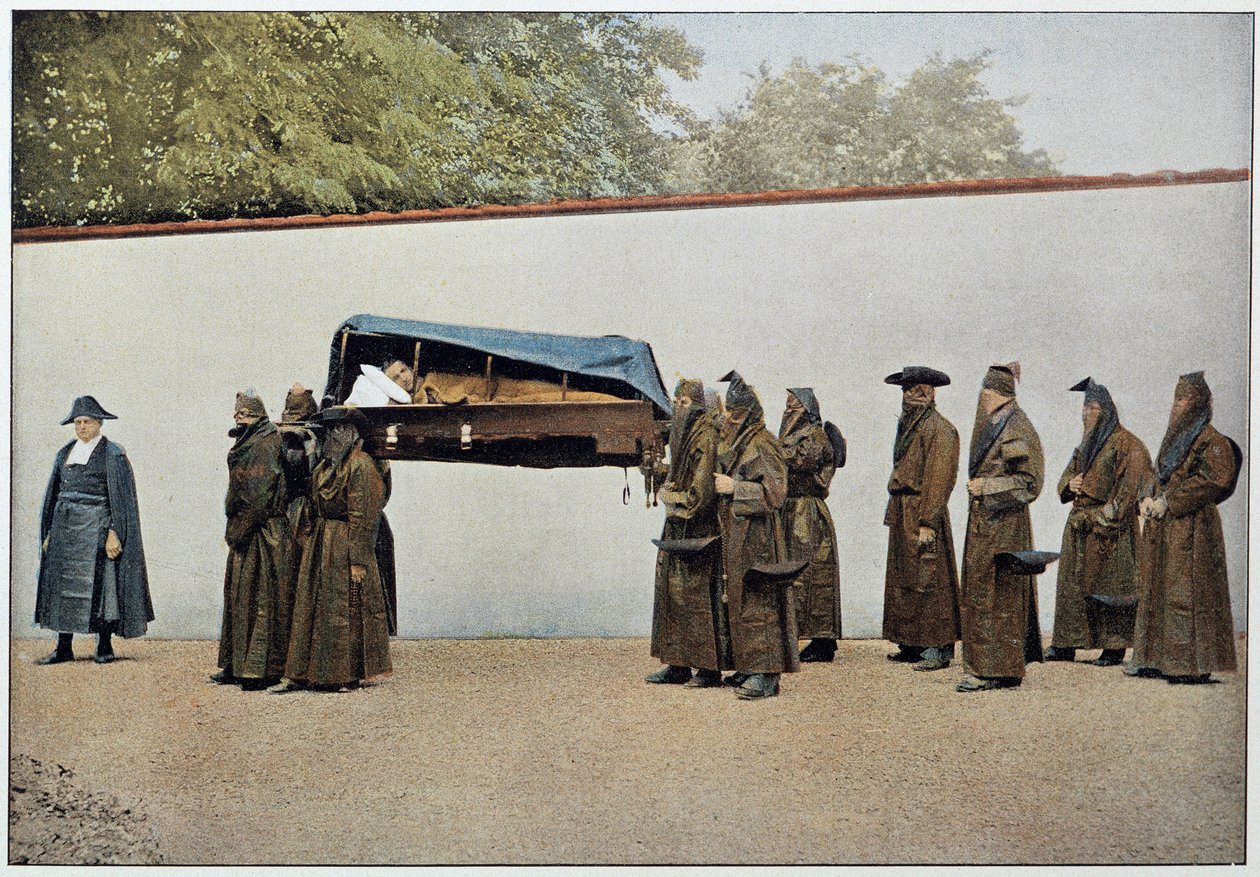 Brødre til en velgørende syltetøj, der transporterer en syg person til hospitalet, Italien, sidst i det 19. århundrede. af Unknown photographer