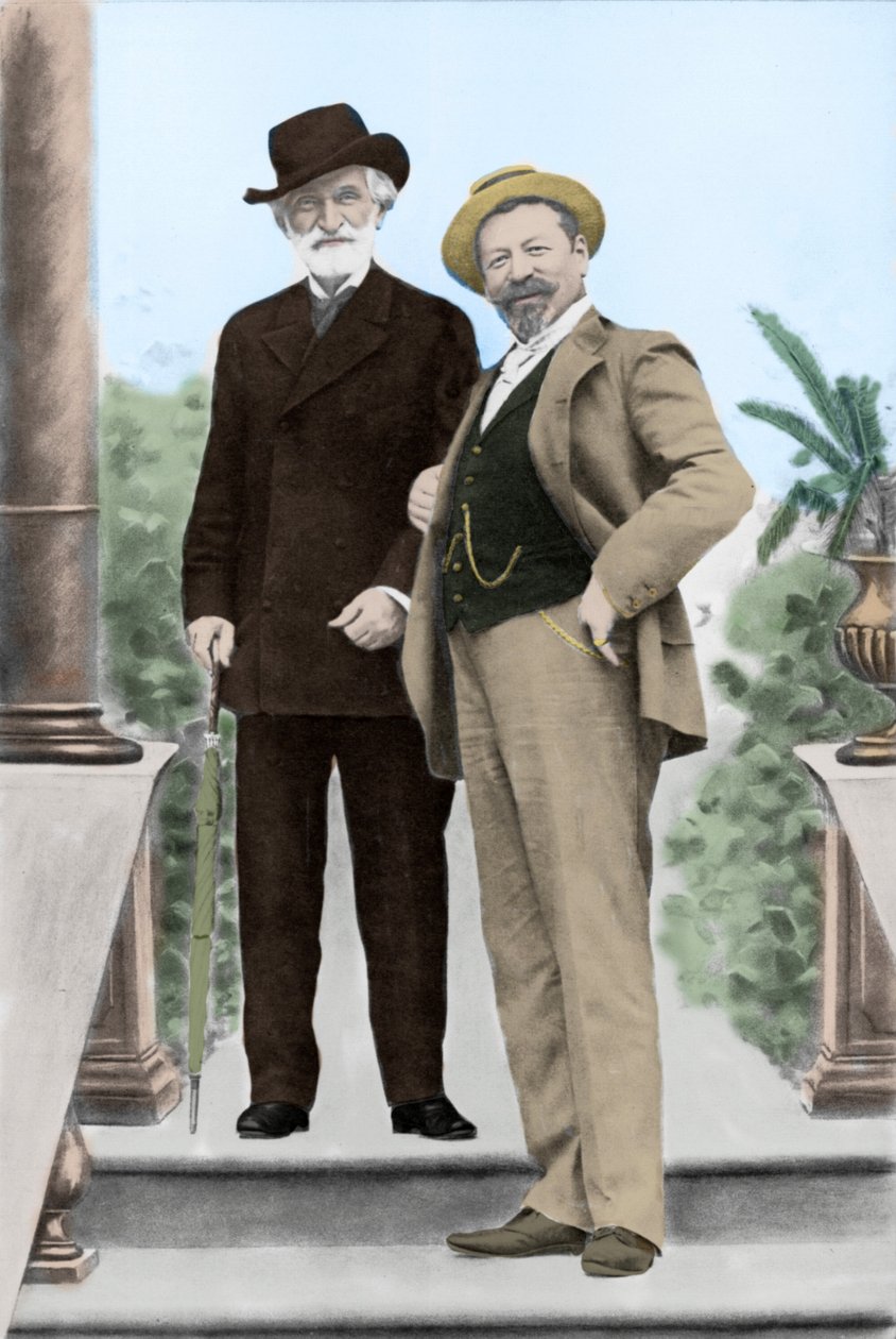 Giuseppe Verdi, italiensk komponist (1813-1901), og tenor Francesco Tamagno (1850-1905) i Montecatini i slutningen af det 19. århundrede. af Unknown photographer