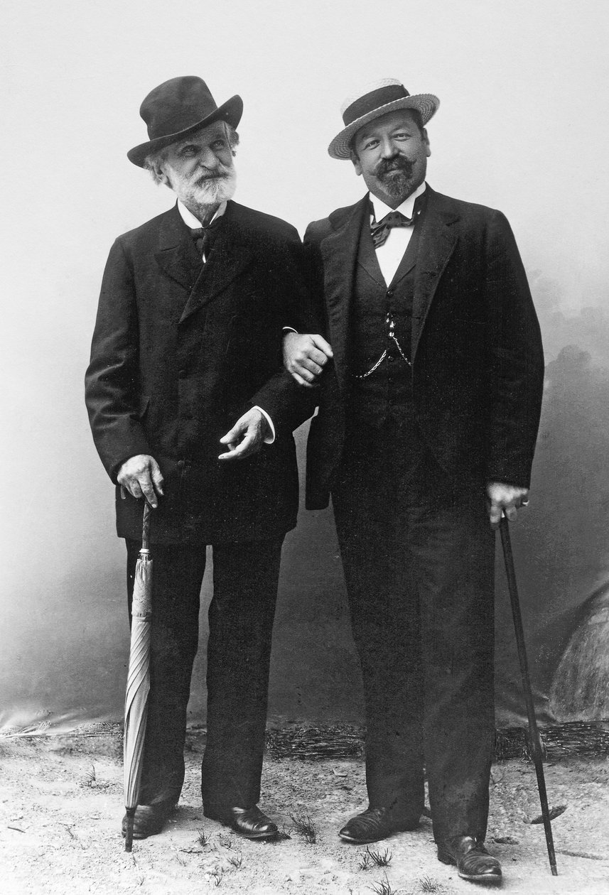 Giuseppe Verdi, italiensk komponist (1813-1901), og tenor Francesco Tamagno (1850-1905) i Montecatini i slutningen af det 19. århundrede. af Unknown photographer