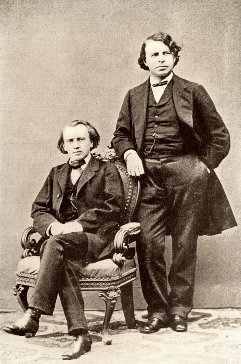 Johannes Brahms (1833-1897), tysk komponist, siddende sammen med Joseph Joachim (1831-1907), ungarsk violinist og komponist og direktør for Berlins konservatorium. Halvtone fra et fotografi (print) af Unknown photographer