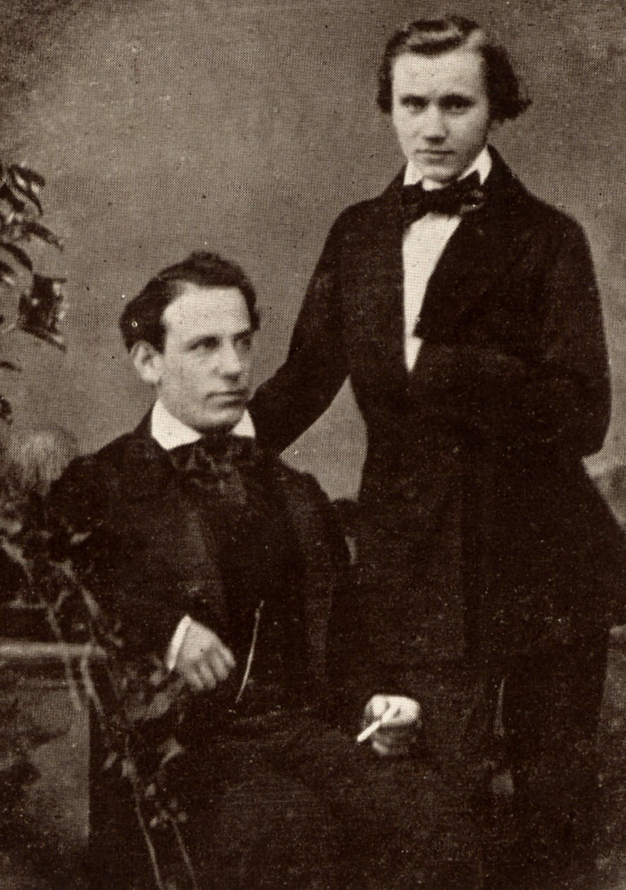 Johannes Brahms (1833-1897), tysk komponist, stående sammen med den flygtede ungarske violinist Eduard Remenyi (1828-1898), som han var på turné med (raster fra et fotografi). af Unknown photographer