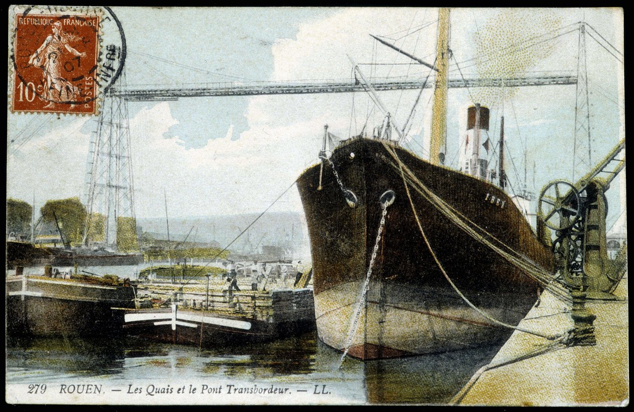 Postkort fra begyndelsen af det 20. århundrede. Normandiet, Rouen: Havnen og færgebroen. af Unknown photographer