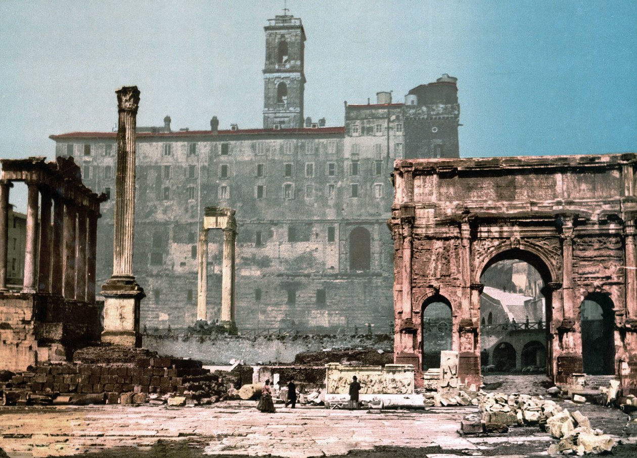 Rom. Saturn-templet og Settimo Severo-buen. Photochrome sd. omkring 1900. af Unknown photographer
