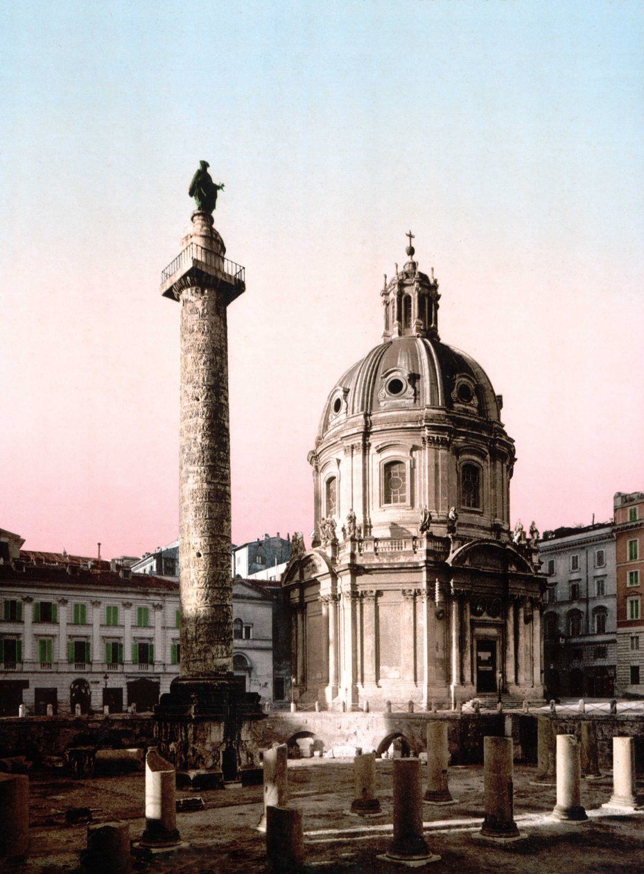Rom. Udsigt over Foro Trajano (Forum Trajan) med søjle. Photochrome sd. omkring 1900. Fotokrom af Unknown photographer