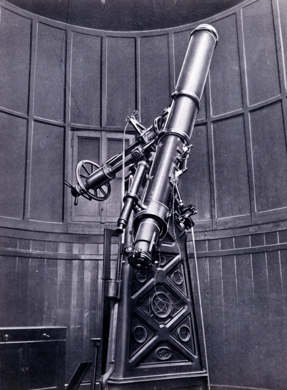 Teleskopet til Giovanni Virginio Schiaparelli (1835-1910) astrofysiker i Brera (Milano). Han observerede retlinede konfigurationer på planeten Mars og kaldte dem Mars-kanalerne (canali). af Unknown photographer