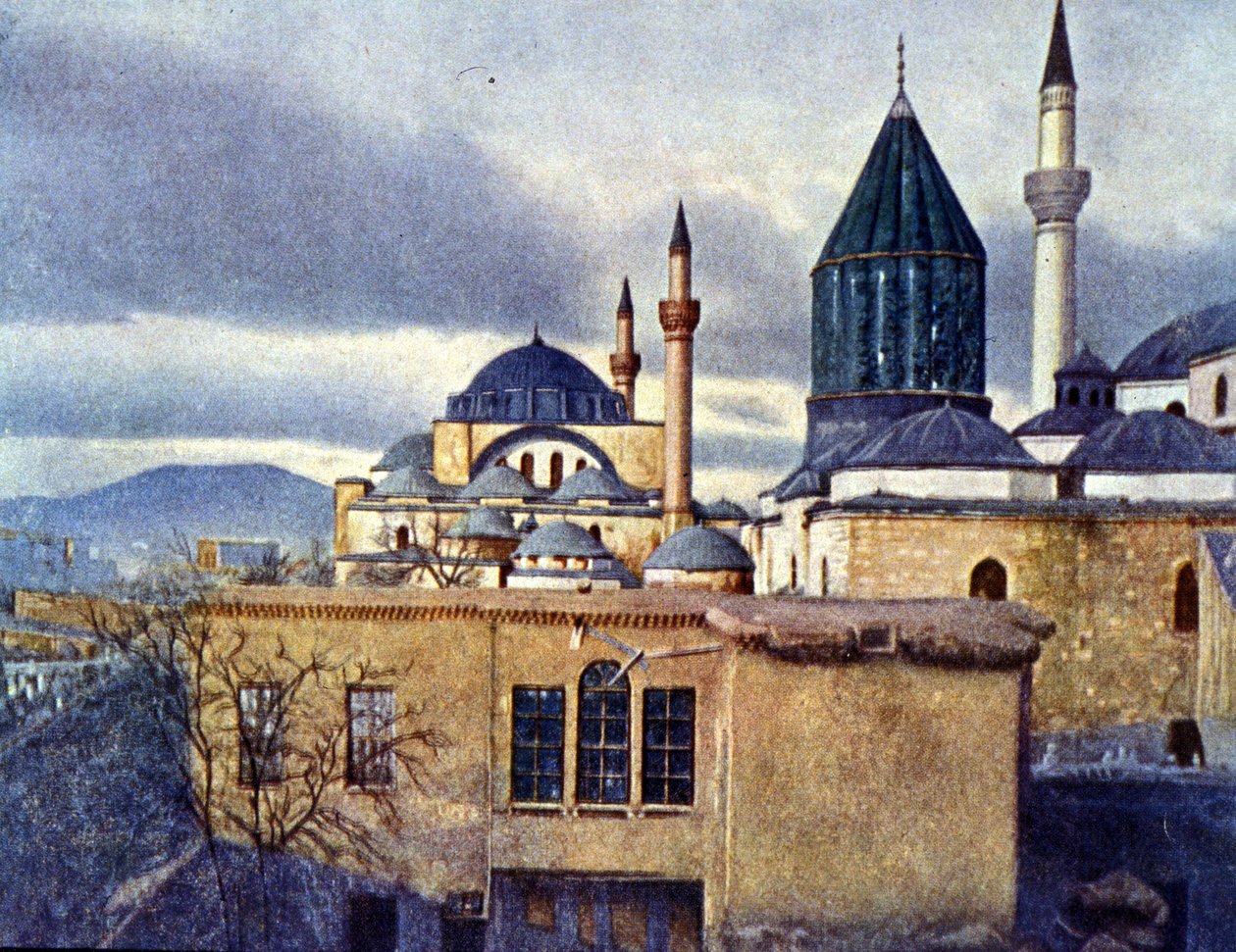 Udsigt over Mevlana-mausoleet i Konya (Tyrkiet). Mevlana Celaleddin Rumi er grundlæggeren af Order of Turning Dervishes. Autokrom af Unknown photographer