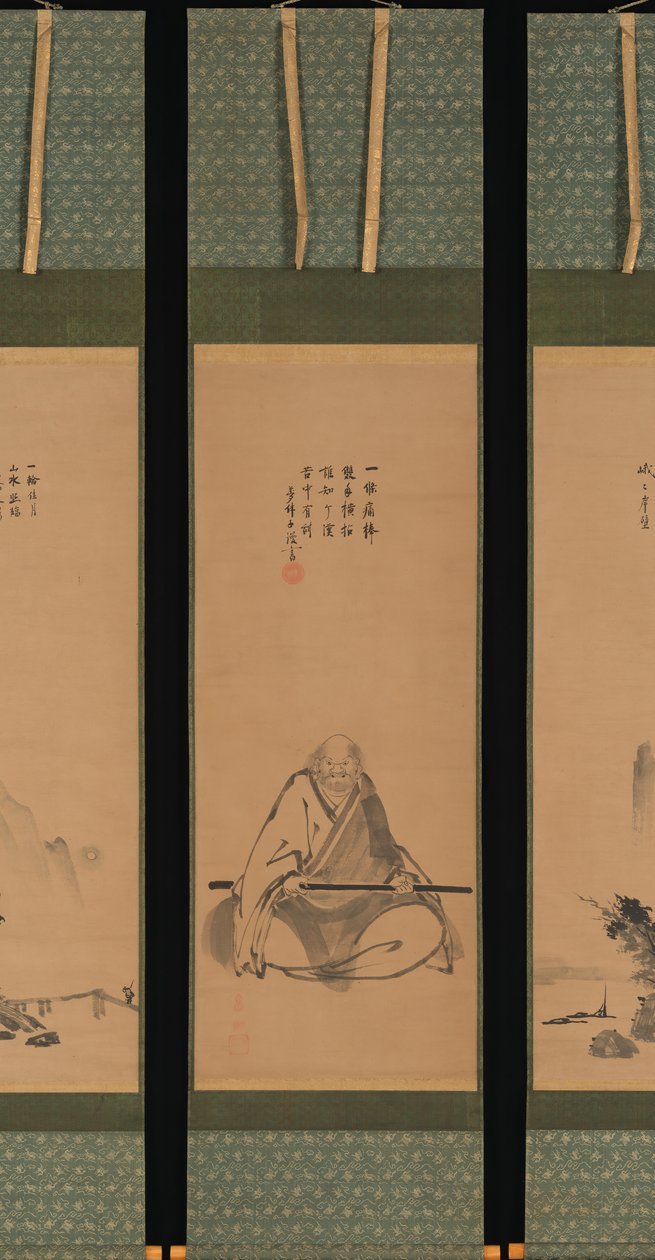 Zen-mester med meditationsstav og landskaber i kinesisk stil, sandsynligvis slutningen af 1620