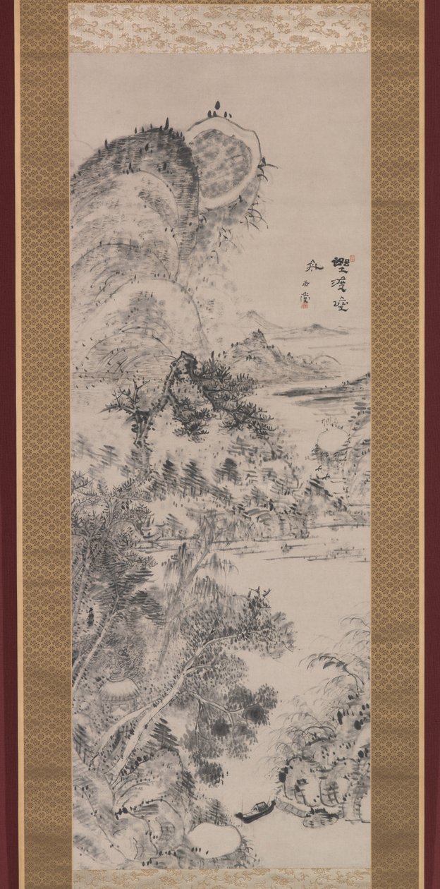 Tom færge ved en vildmarksovergang, ca. 1800 (blæk på papir) af Uragami Gyokudo