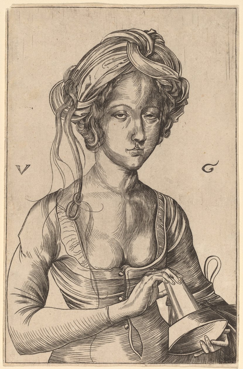 En bustefigur af en tåbelig jomfru, der holder sin omvendte lampe af Urs Graf I after Martin Schongauer