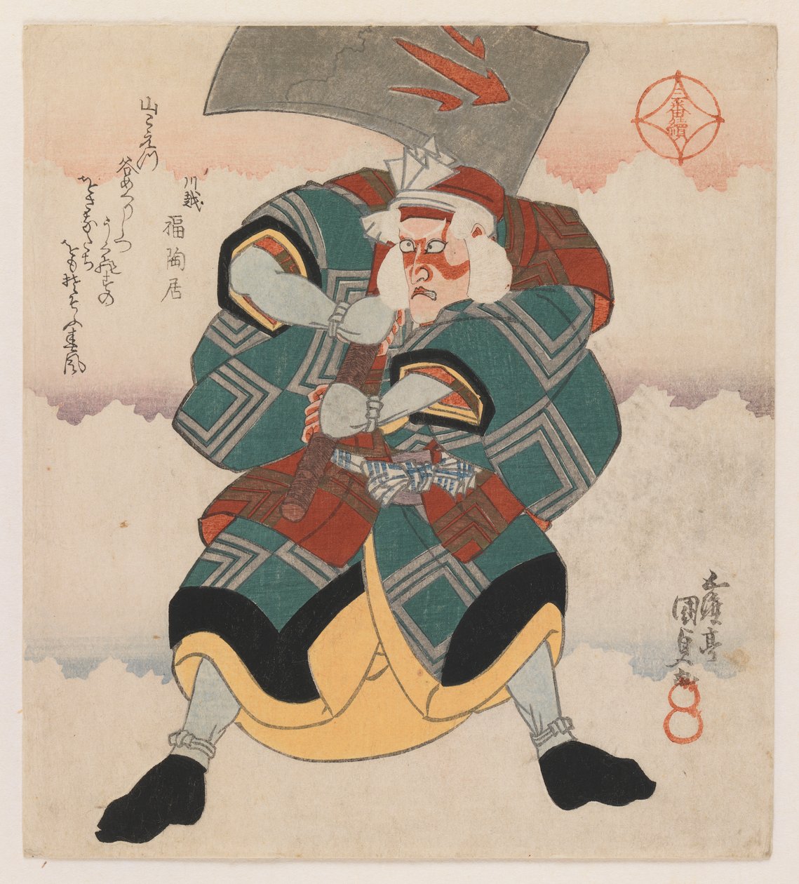 Ichikawa Danjuro VII bærer en økse iført en hvidhåret paryk, 1825 (træbloktryk, shikishiban-format, (højre ark af en tryptykon), luksustryk) af Utagawa 1786 1864 Kunisada
