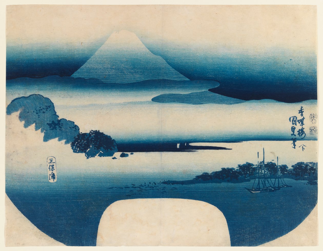 Udsigt over Fuji fra Miho-bugten, maj, 1830 (træblok i farver) af Utagawa 1786 1864 Kunisada