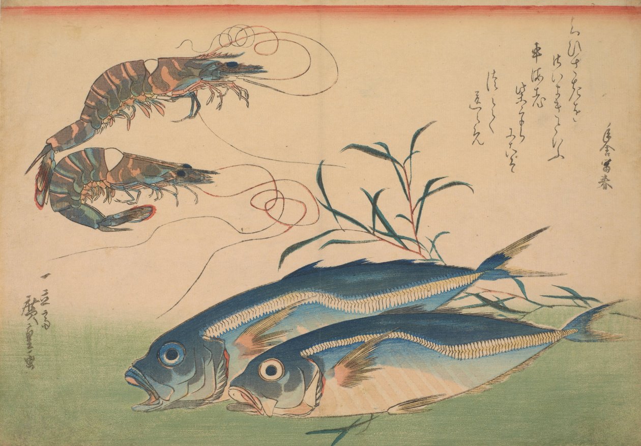 Hestemakrel (Aji) med rejer eller rejer, med indskrift af Utagawa Hiroshige