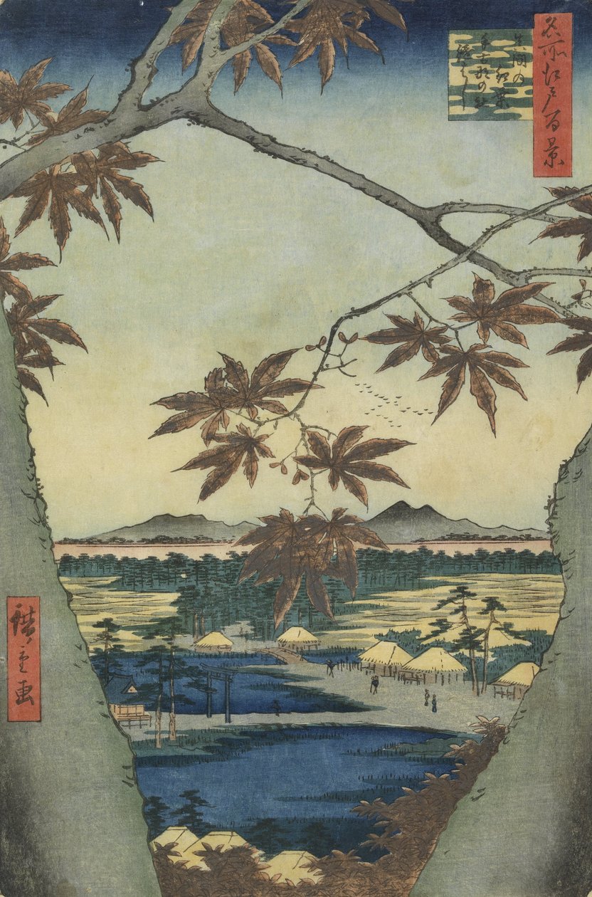 Ahornbladene fra Mama, Tekona -helligdommen og Tsugi -broen af Utagawa Hiroshige
