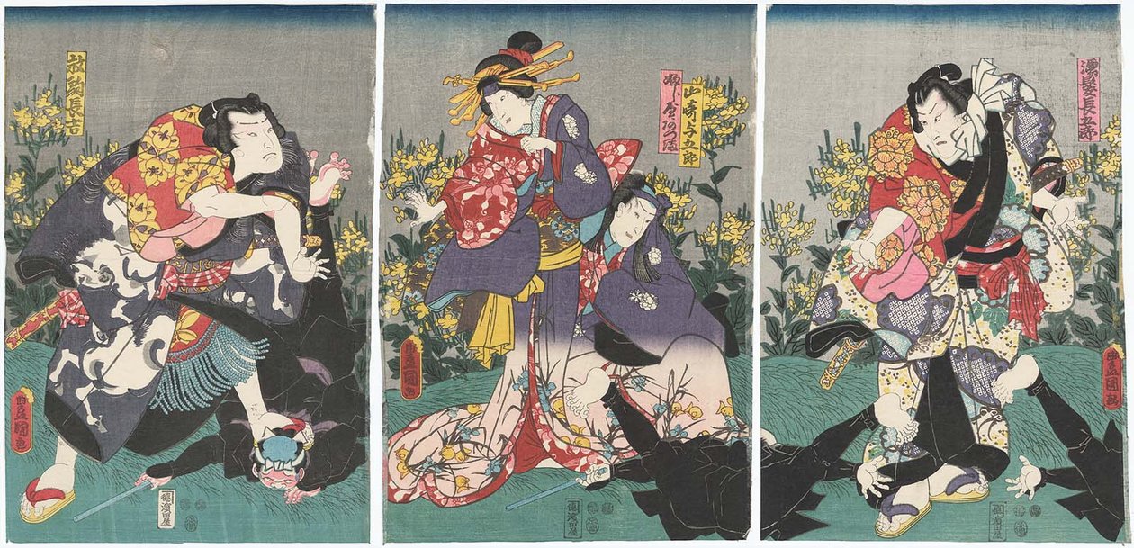 Skuespillerne Ichikawa Danjuro VIII som Nuregami Chogoro R, Ichikawa Saruzo I som Yamasaki Yogoro, Iwai Kumesaburo III som Azuma fra Fujiya C og Arashi Rikan III som Hanaregoma Chokichi L af Utagawa Kunisada