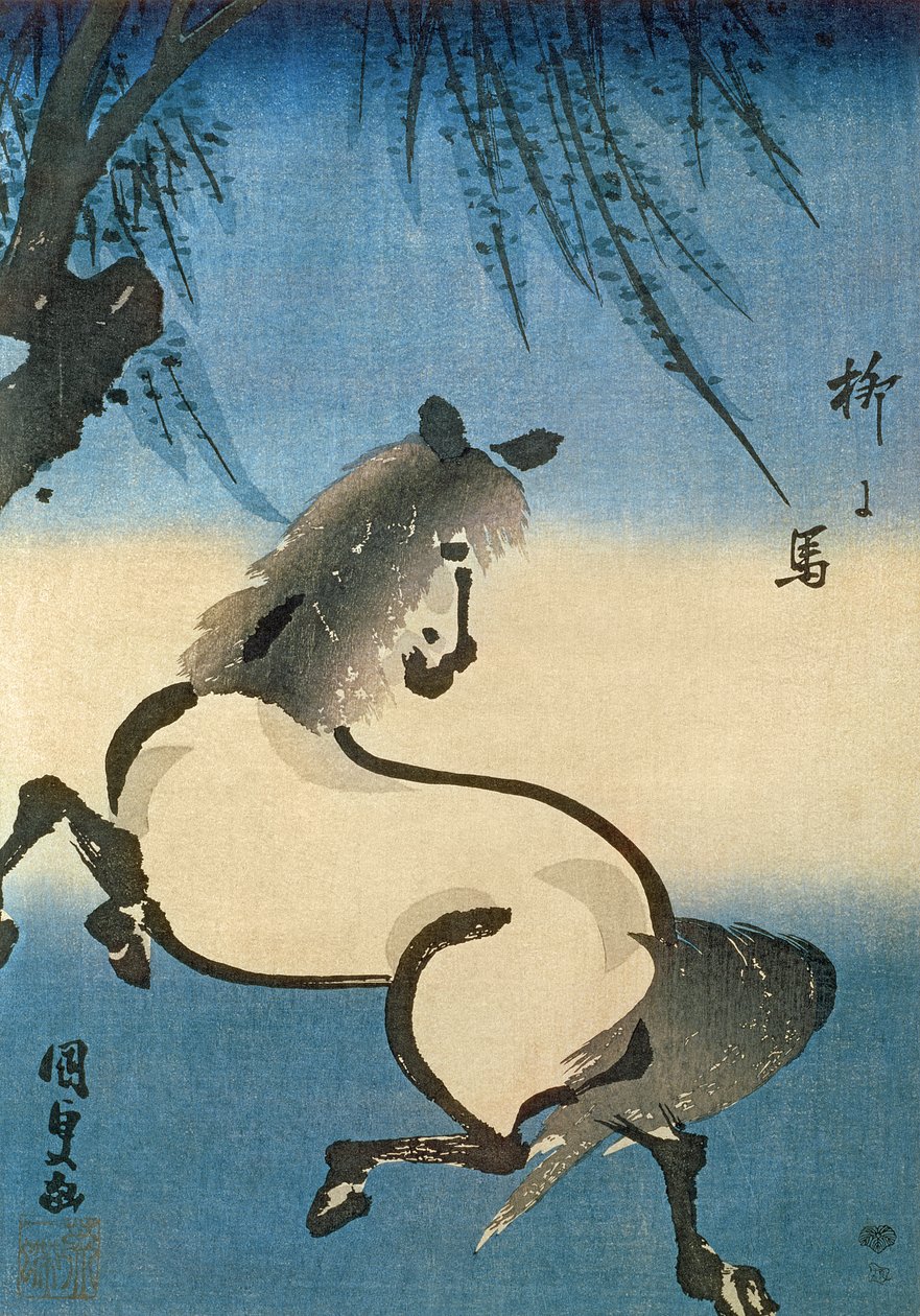 En hest, der galopperer under et piletræ, (farvet træbloktryk) af Utagawa Kunisada