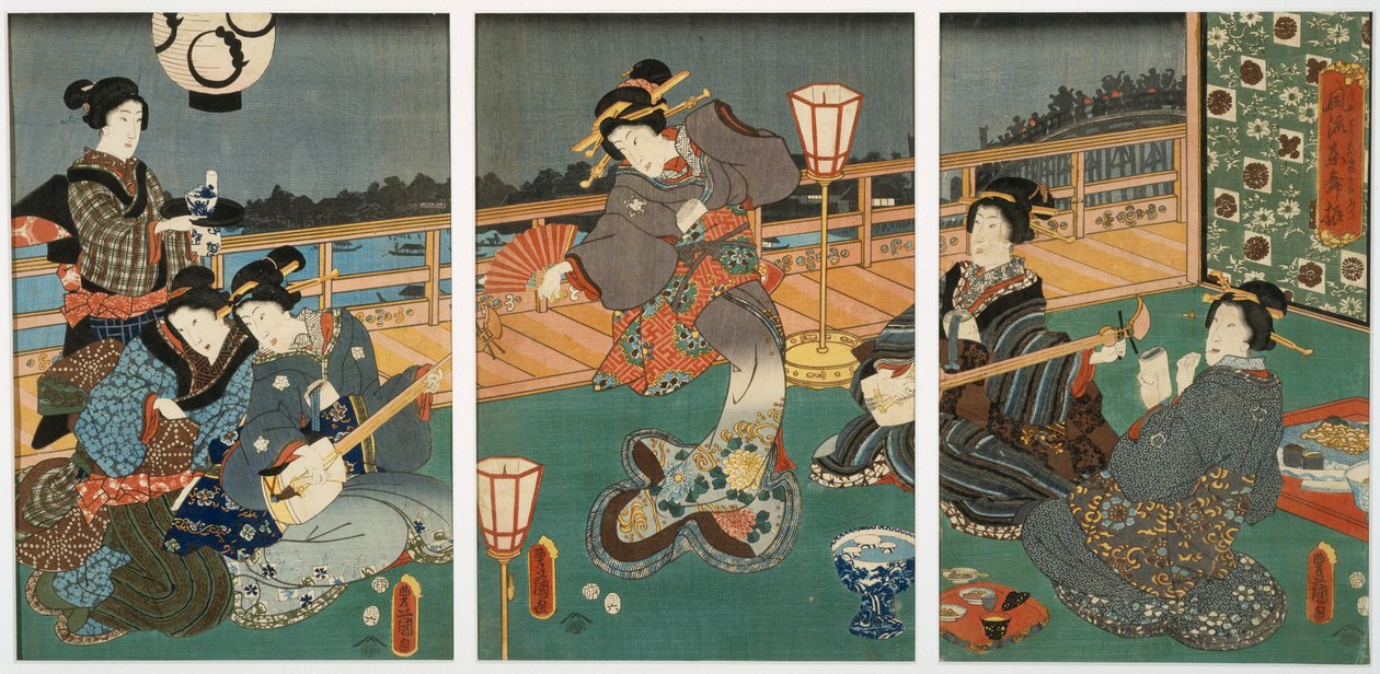 Courtesans Entertaining, triptykon, midten af det 19. århundrede (træblok på morbærpapir) af Utagawa Kunisada
