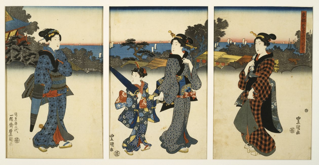 Courtesans Promenading by Sea, midten af det 19. århundrede (træbloktryk, triptykon) af Utagawa Kunisada