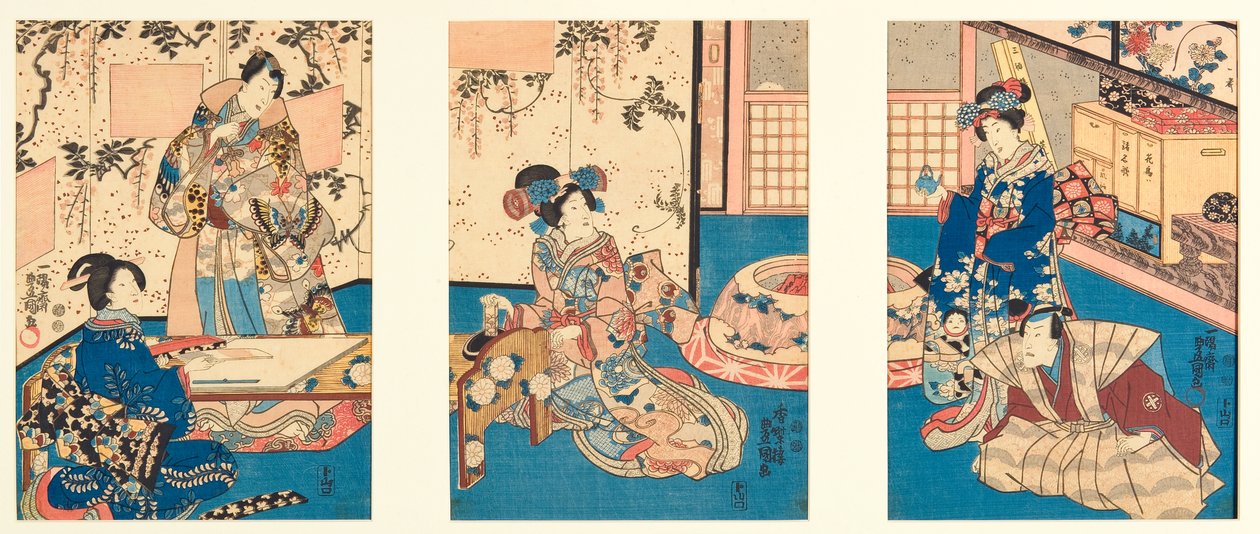 Slibning af blæk til at skrive et svarbrev, inspireret fra Inaka Genji, 1851 (træblok) af Utagawa Kunisada