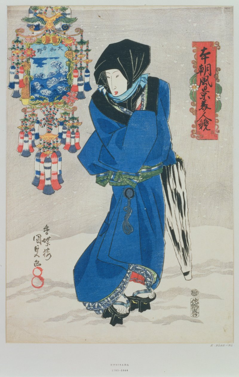 Japansk kvinde i sneen (træbloktryk i farver) af Utagawa Kunisada