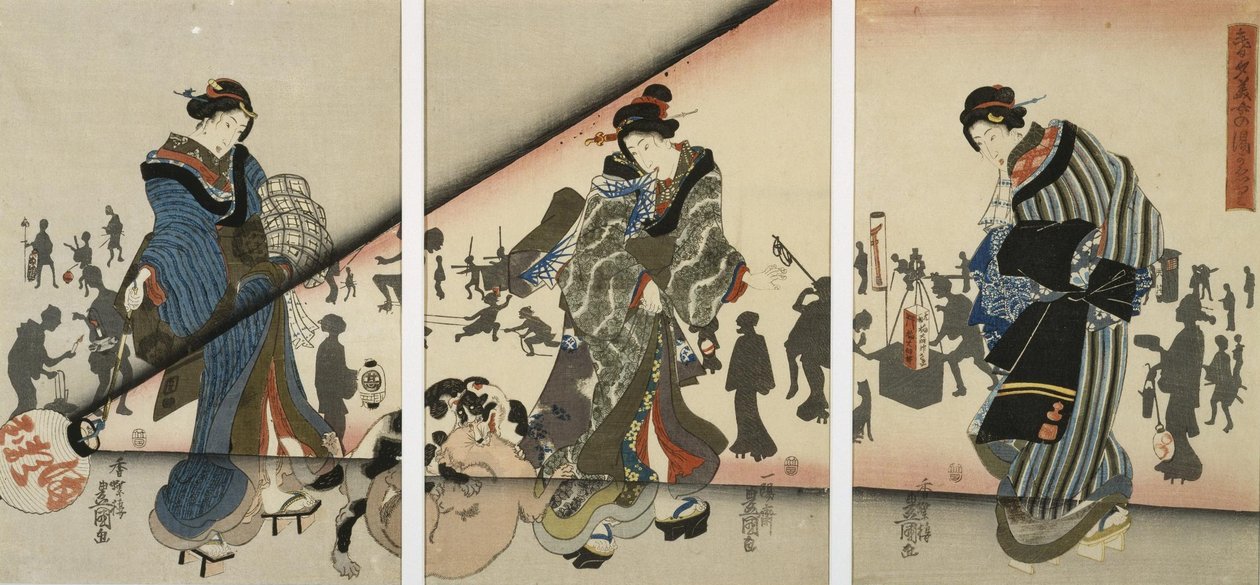 Natscene med piger, dyr og lanterner af Utagawa Kunisada
