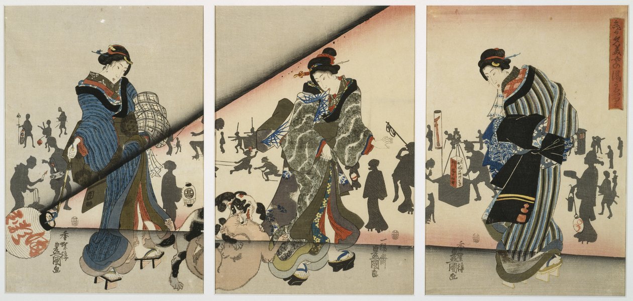Nattescene med piger, dyr og lanterner, midten af det 19. århundrede (træbloktryk, triptykon) af Utagawa Kunisada