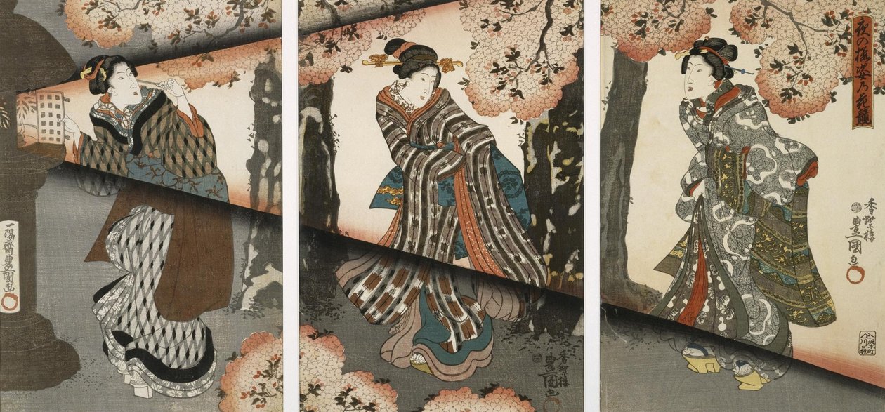 Natscene med piger og lanterner af Utagawa Kunisada
