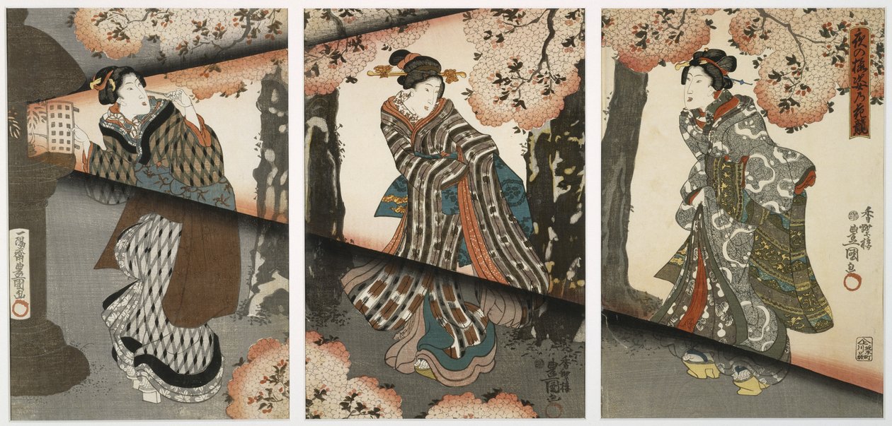 Nattescene med piger og lanterner, midten af det 19. århundrede (træbloktryk, triptykon) af Utagawa Kunisada