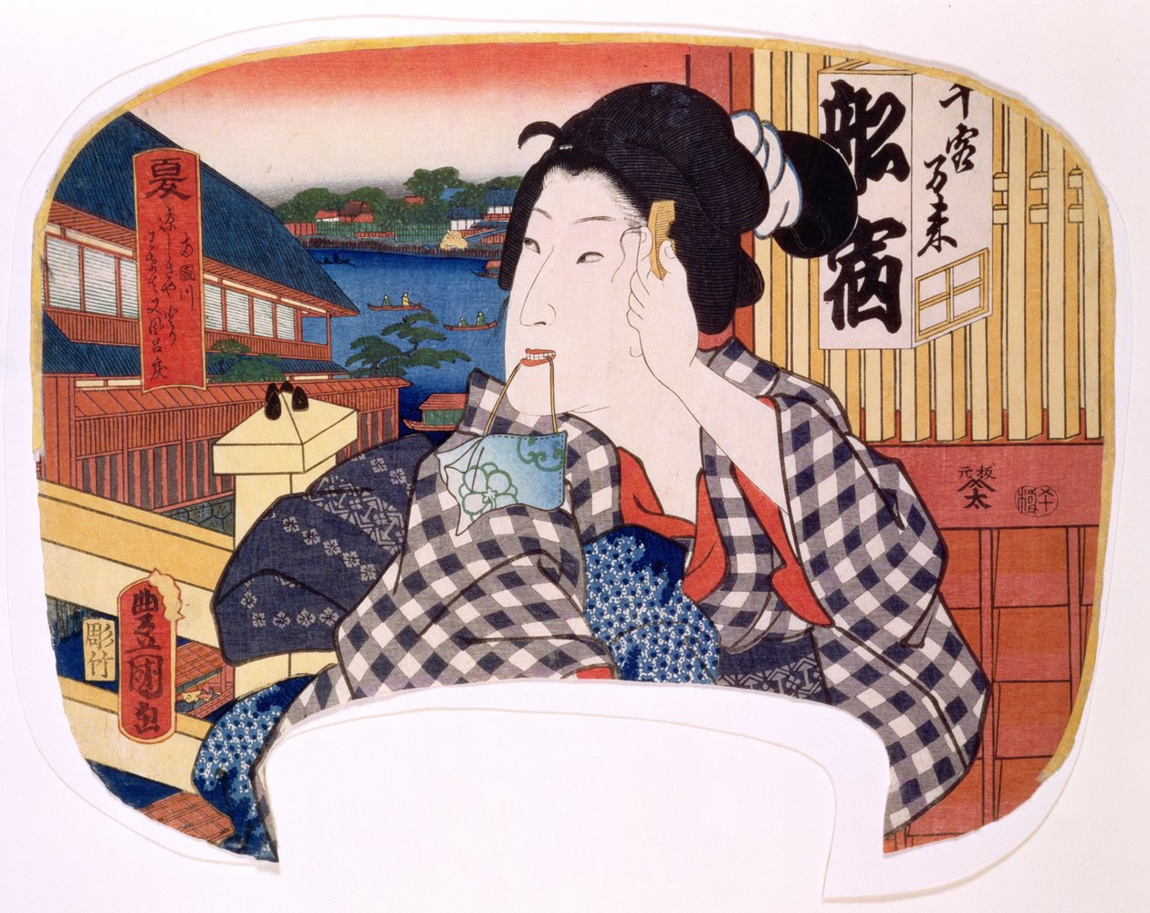 Sommer, floden ved Ryoguku; En geisha, der reder sit hår, design til en fan fra et sæt på fire, der illustrerer årstiderne, 1858 (træbloktryk) af Utagawa Kunisada