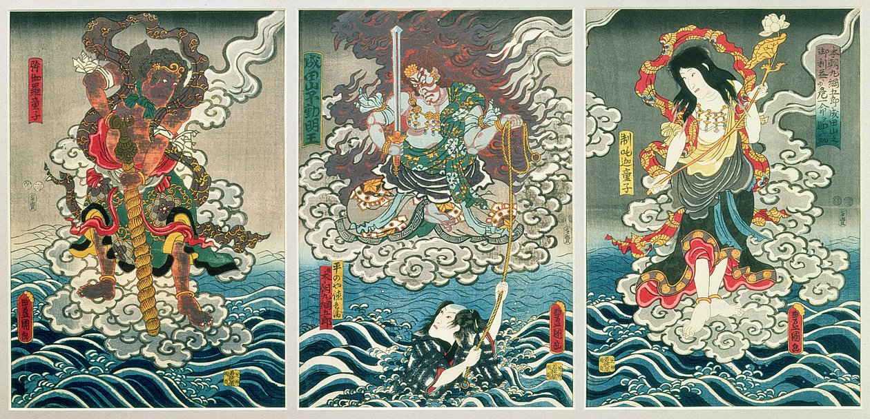 Skuespilleren Ichikawa Ebizo V som guddommen Fudo Myoo, der redder Ichikawa Danjuro VIII som Honcho-maru TsunagoroHiranoya Tokubei ledsaget af andre skuespillere som Seitaka-Doji og Kongara-Doji, ca. 1850 (farve) af Utagawa Kunisada