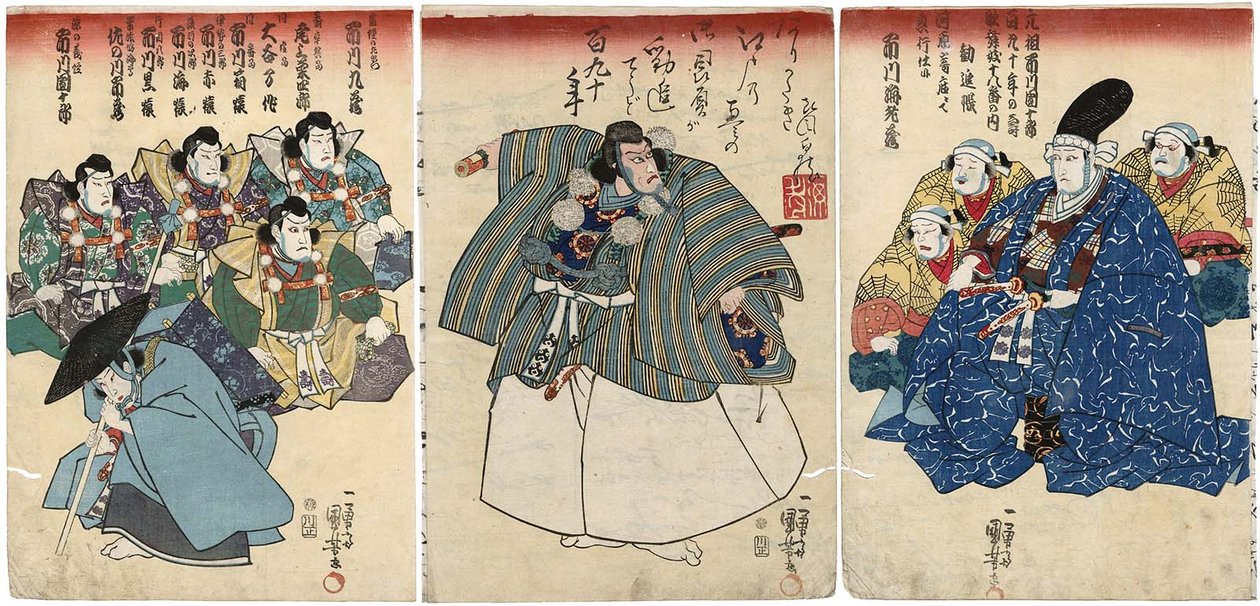 Ac og rs Inkanjincho: Ichikawa Kuzo Ichikawa Rejer Saemon R, Ichikawa Shrimp V As Musashibo Benkei C, Ichikawa Danjuro Iii As Minamoto no Yoshitsune L af Utagawa Kuniyoshi