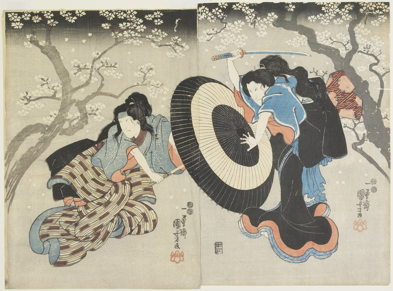 (To kvinder, der kæmper under kirsebærtræet, en scene fra et Kabuki-skuespil), 1847-1852 af Utagawa Kuniyoshi