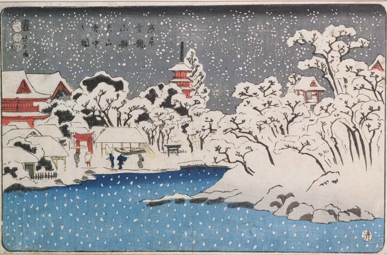 En snestorm ved Kinryozan-templet (træsnit i farver) af Utagawa Kuniyoshi
