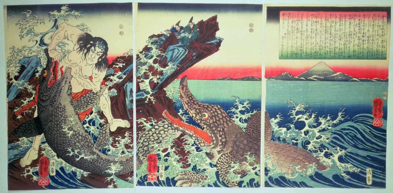 Asahina Saburo og krokodillerne, pub. 1849 (træblok i farver) af Utagawa Kuniyoshi