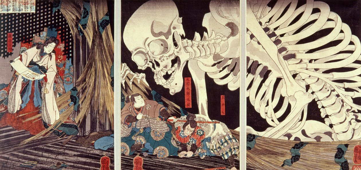 Mitsukuni Defying the Skeleton Spectre, ca. 1845 (håndfarvet træsnit) af Utagawa Kuniyoshi