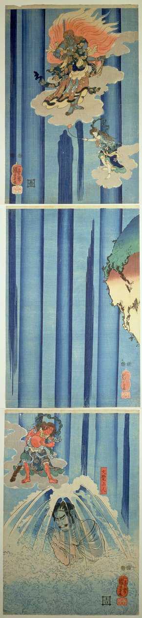 Mongaku Shonin under vandfaldet, ca. 1851 (lodret triptykon) af Utagawa Kuniyoshi