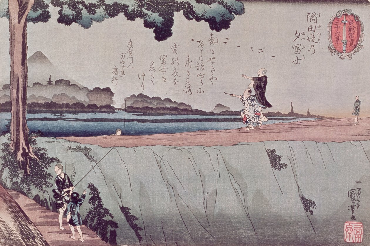 Mount Fuji fra Sumida-flodens dæmning, en af udsigterne fra Edo, ca. 1842 af Utagawa Kuniyoshi