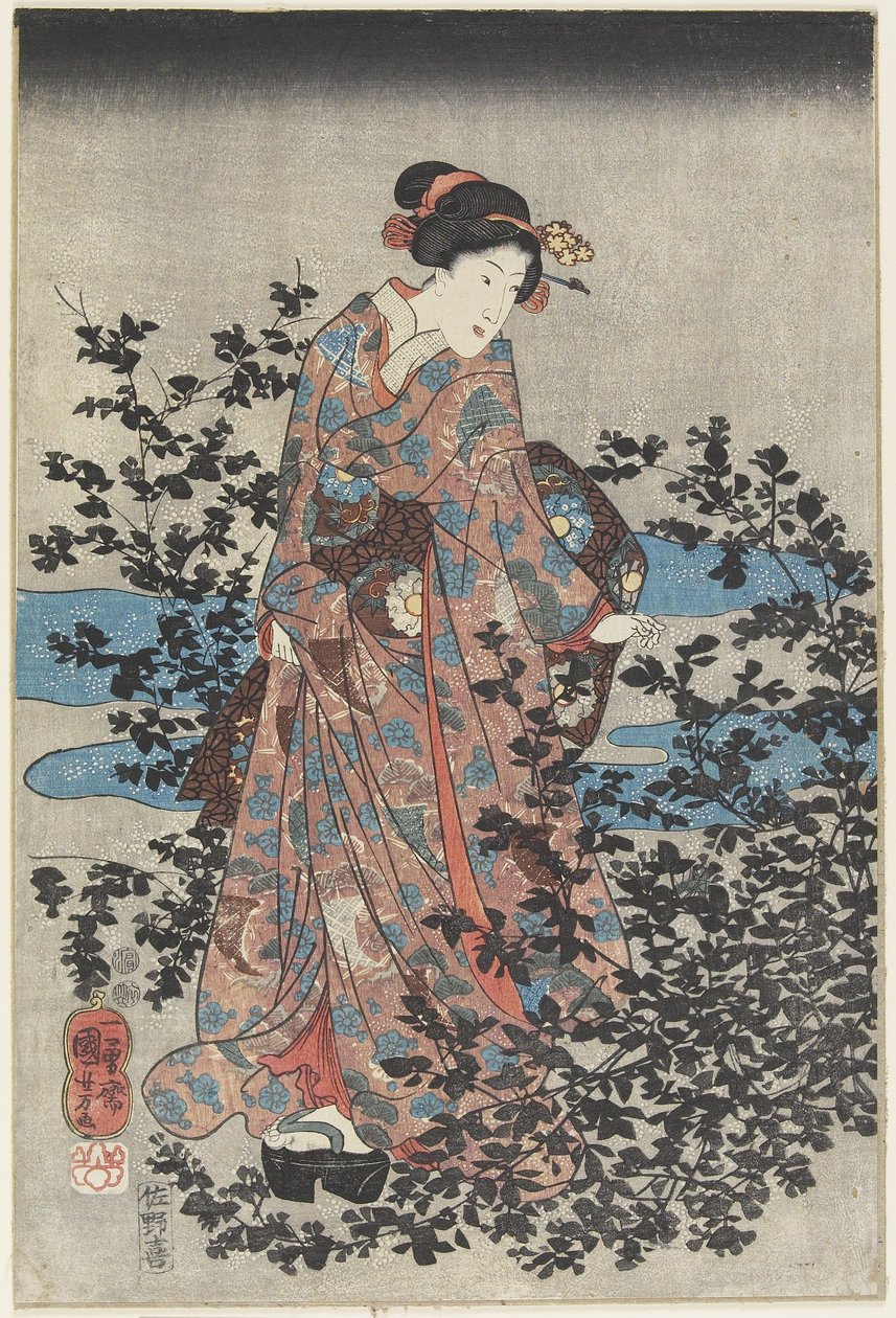 Natscene med en skønhed og buskløver, 1847-1852 af Utagawa Kuniyoshi