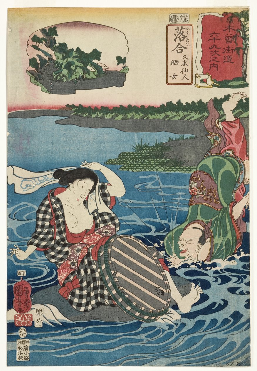 Ochiai: Kume Sennin og vaskepigen, 1852 (træsnit) af Utagawa Kuniyoshi