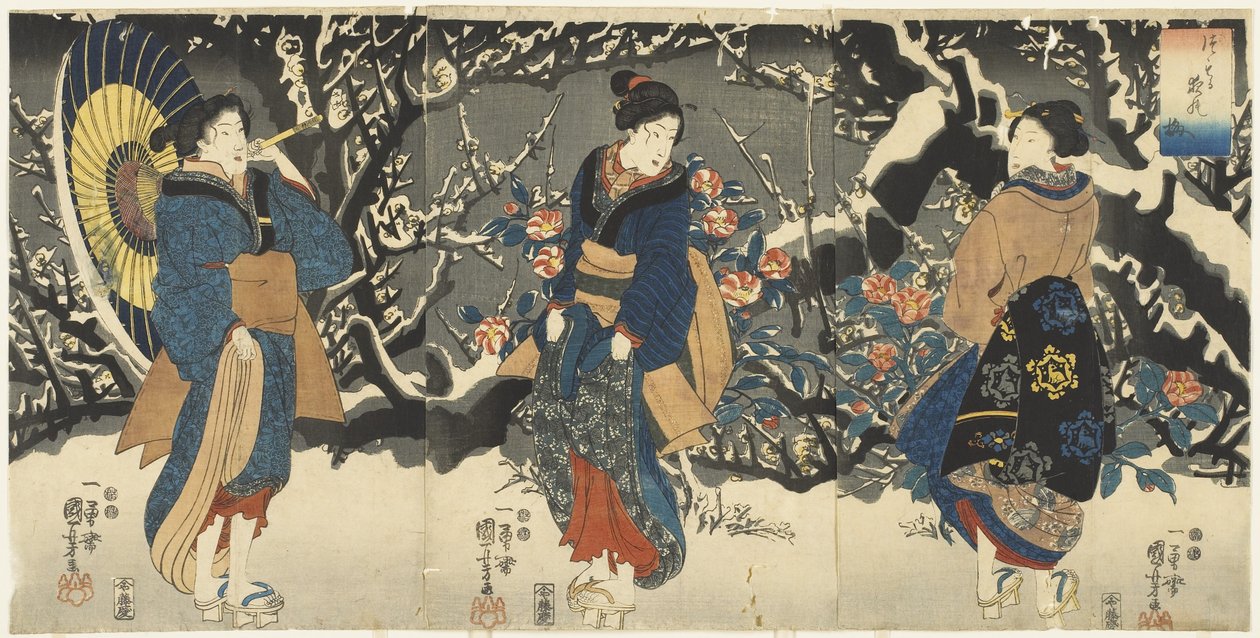 Blomstrende blommer i aftensneen, 1847-1852 af Utagawa Kuniyoshi