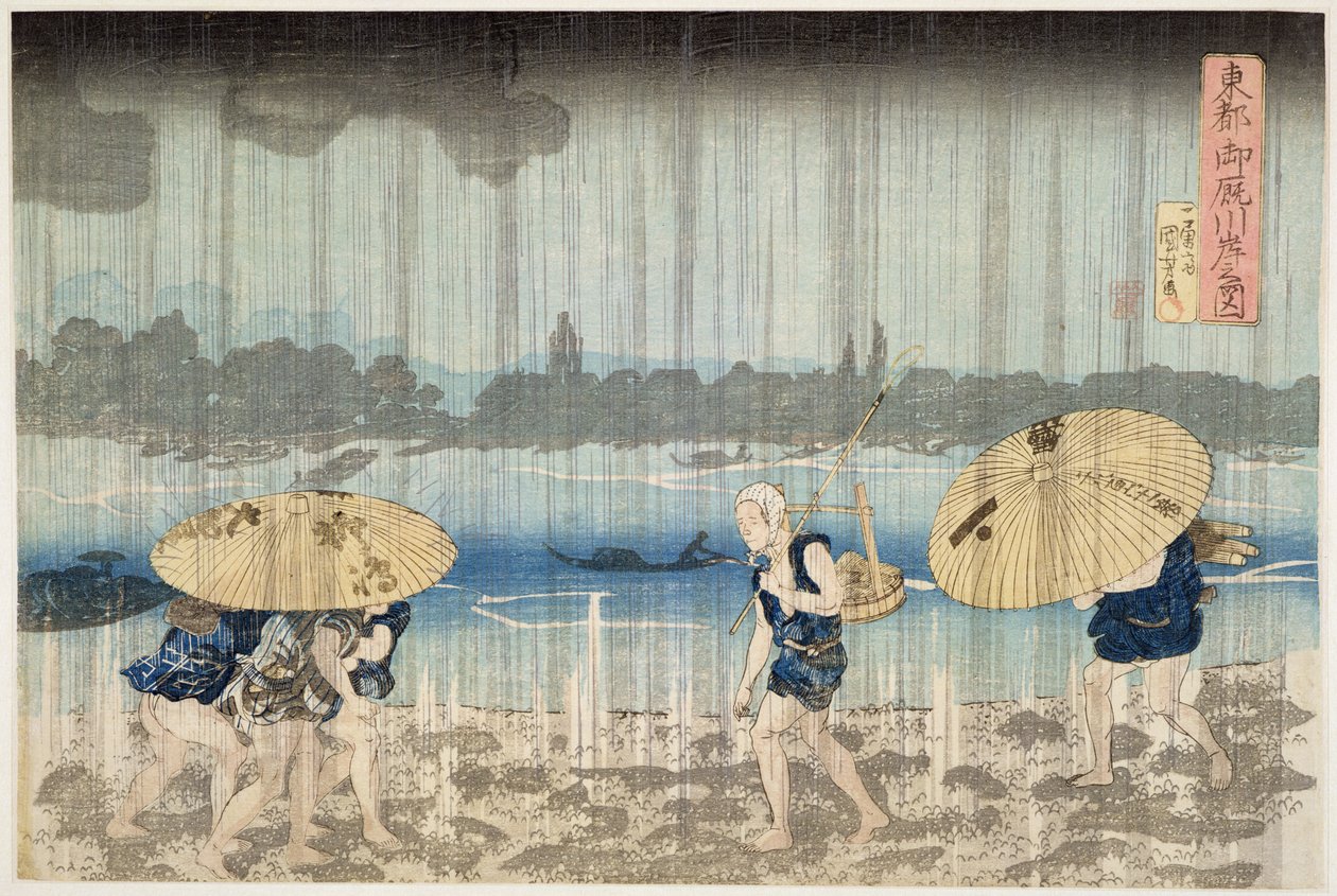 Brusebad på bredden af Sumida-floden ved Ommaya Embankment i Edo, ca. 1834 (træbloktryk) af Utagawa Kuniyoshi
