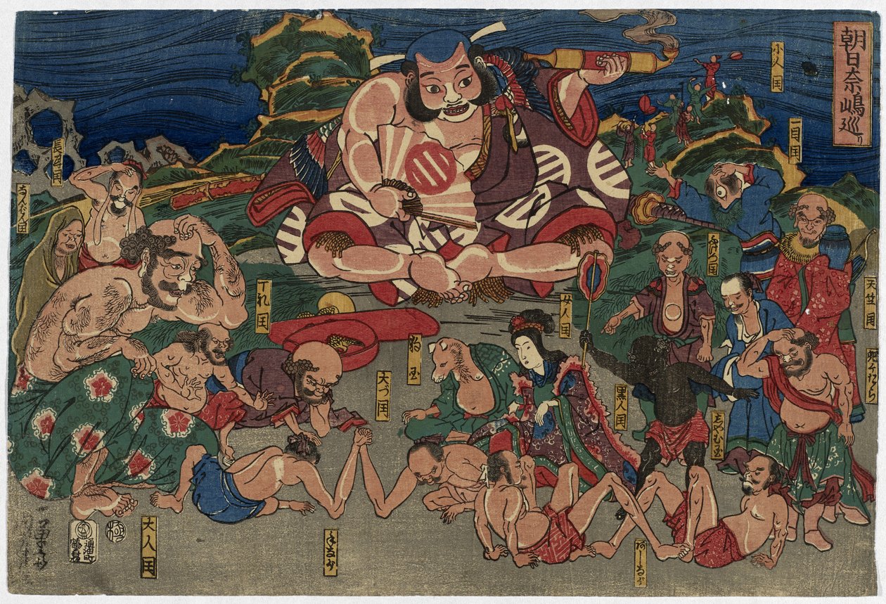 Skuespilleren Asahina Travelling Through Strange Countries, 1800-tallet (træblok i farver) af Utagawa Kuniyoshi