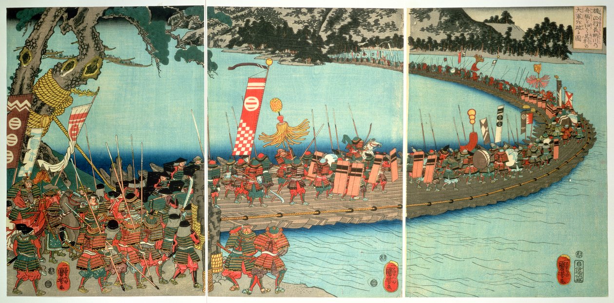 Bådbroen ved slaget ved Nagaragawa, ca. 1844, (farve-træsnit) af Utagawa Kuniyoshi