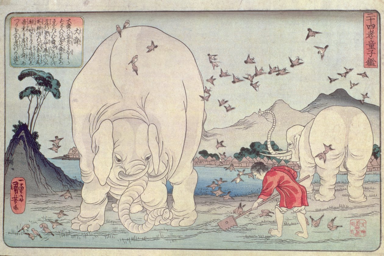 Fireogtyve forbilleder: Tai Shun og elefanterne, udg. ca. 1830, (farvetryk i træsnit) af Utagawa Kuniyoshi