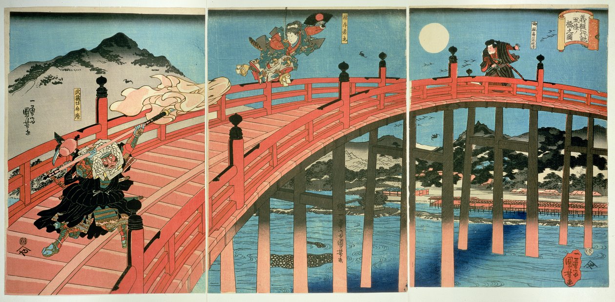 Ushiwaka og Benkei kæmper på Gojo-broen, udgivet ca. 1839 (træblok i farver) af Utagawa Kuniyoshi