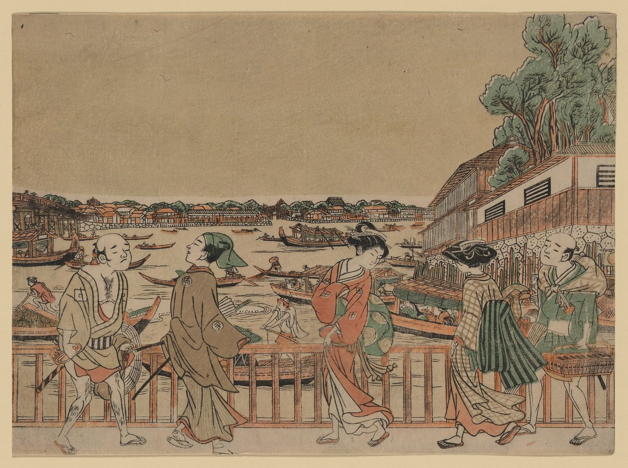 fodgængere, der krydser en bro over en flod, hvor der er både af Utagawa Toyoharu