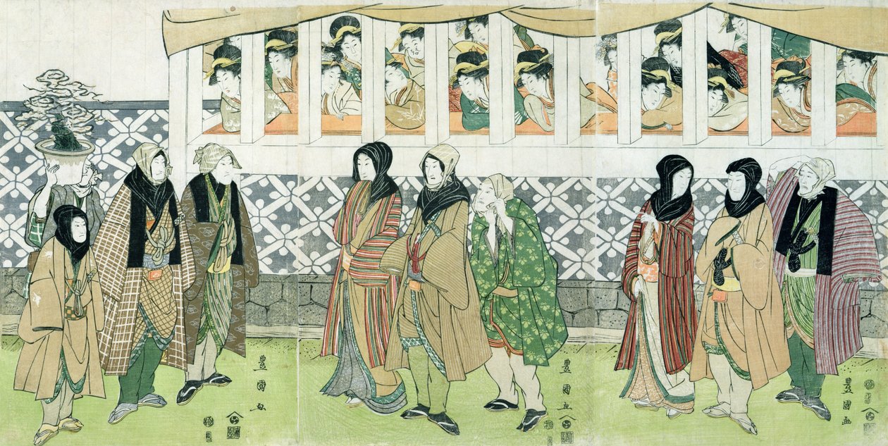 Actors Walking (træblok i farver) af Utagawa Toyokuni