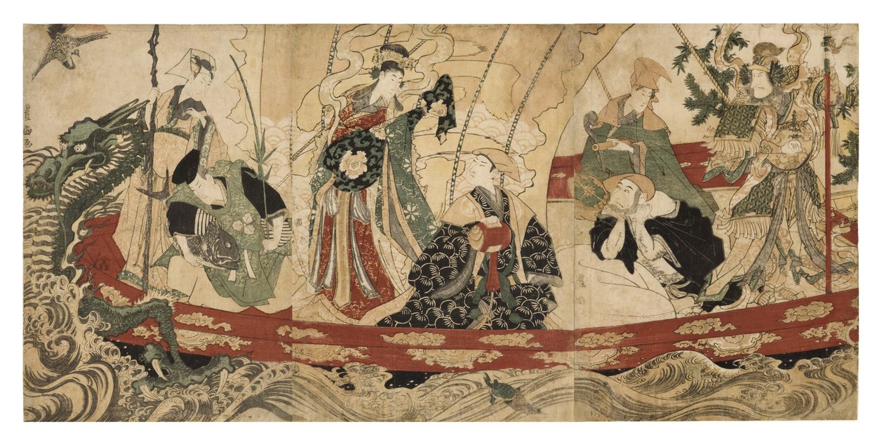 Skuespillere som de syv lykkeguder på et skatteskib, 1800-05 (træblok) af Utagawa Toyokuni