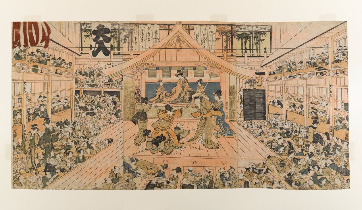 Indvendig visning af Kabuki Theatre Kawarazaki-za, ca. 1800-1803 (træblok farvetryk) af Utagawa Toyokuni