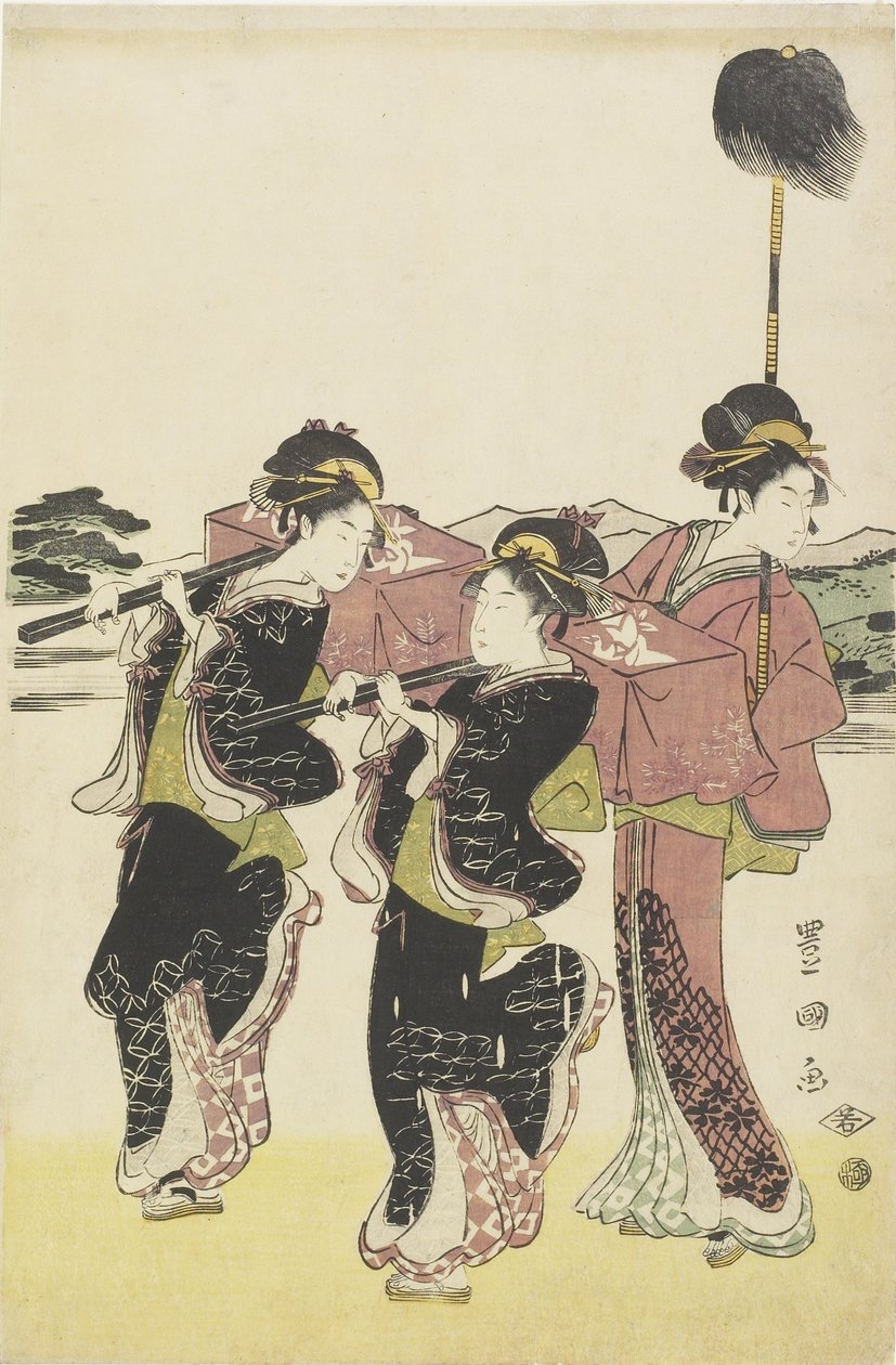 Oiran (højklasses kurtisane) Rejser som en modsætning af Daimyo_ Procession, slutningen af det 18.-begyndelsen af det 19. århundrede af Utagawa Toyokuni